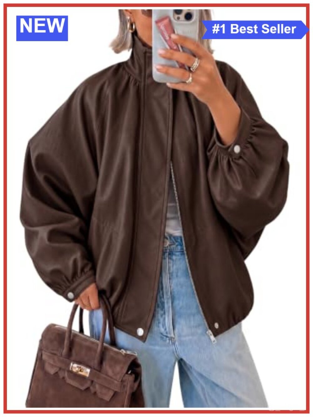 Faux Leather Bomber Jacket Puff Sleeve Zip Snap Fall Coat